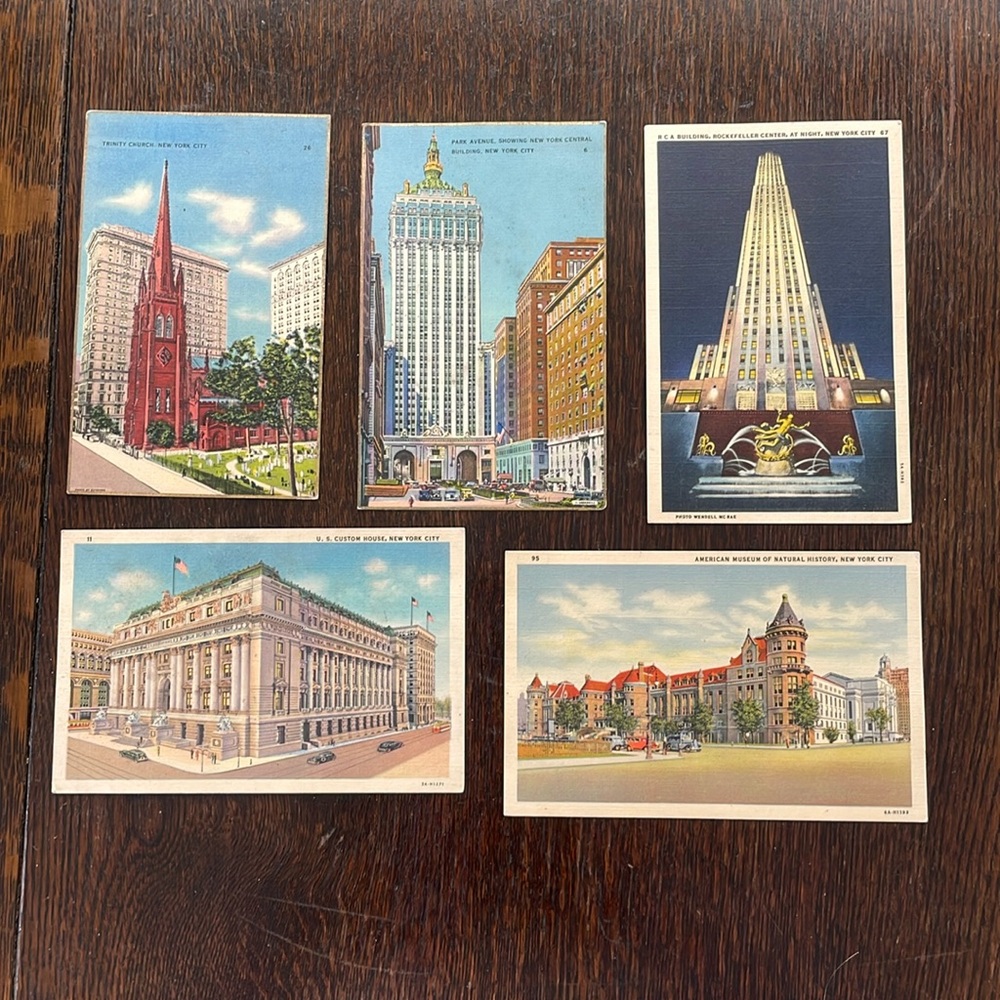 Small lot (5) vintage postcards, linen, Park Avenue, RCA Bldg...